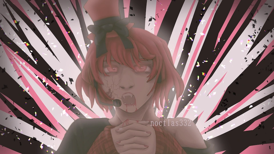 digital drawing of utau romipoid from the shoulders up. there are random pink, black, and white lines behind her, as well as confetti. blood is trickling down from the corner of her mouth and she her her hands clasped in front of her
